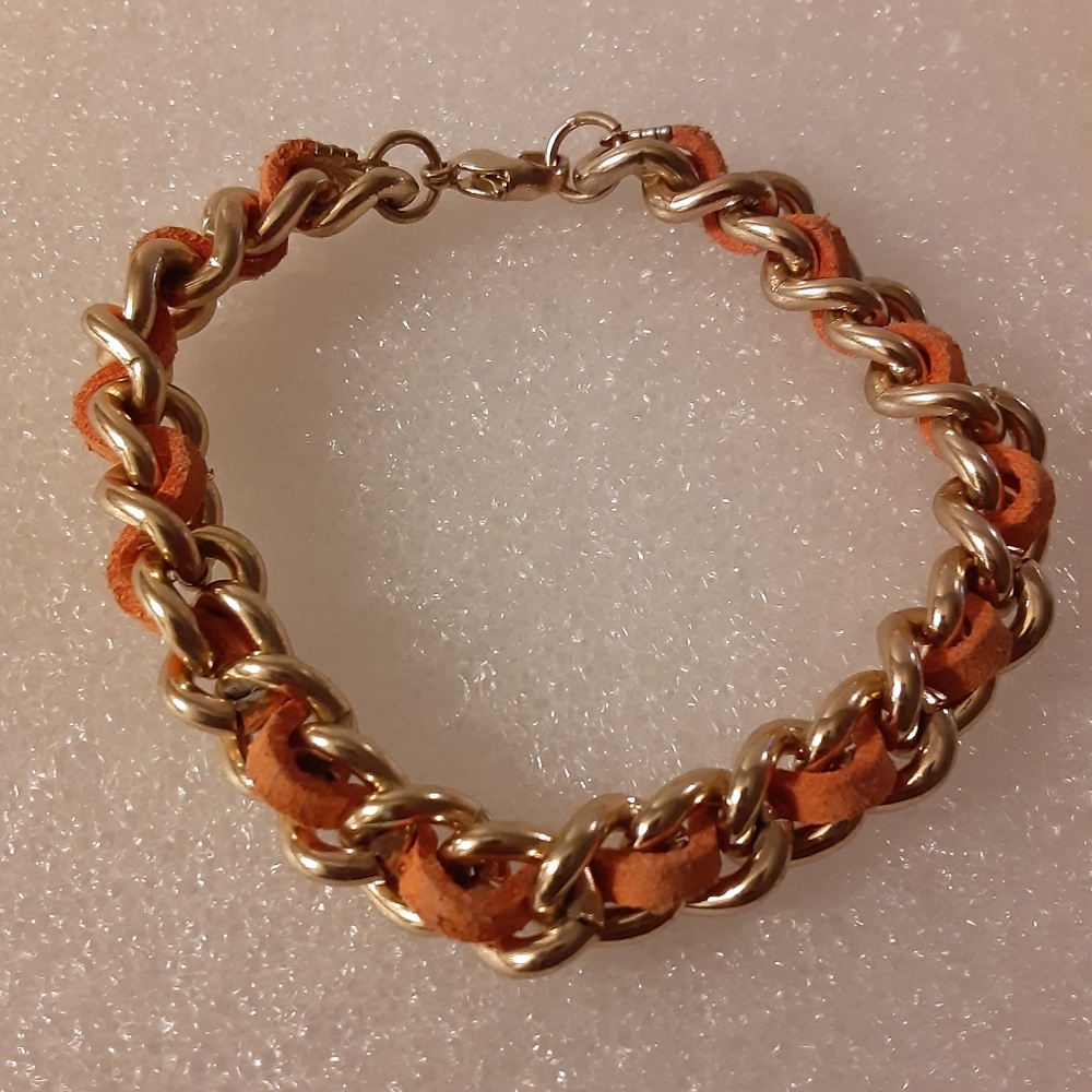 Gold Tone Chain Style with Orange Suede Ribbon Intertwined